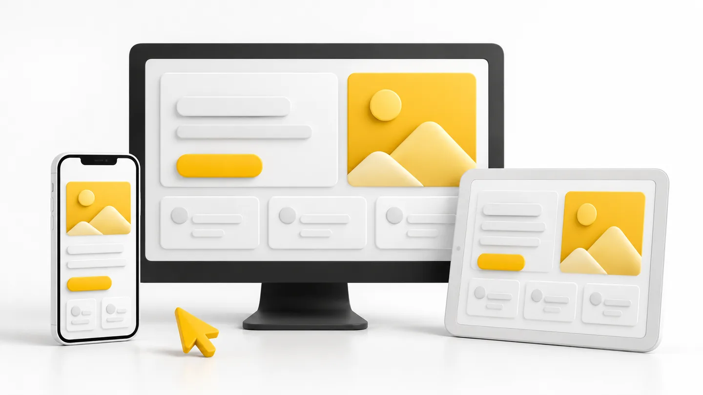 Responsive website design illustration across desktop, tablet and phone