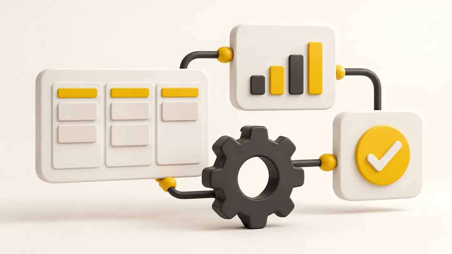 Business automation illustration with connected dashboards and a gear