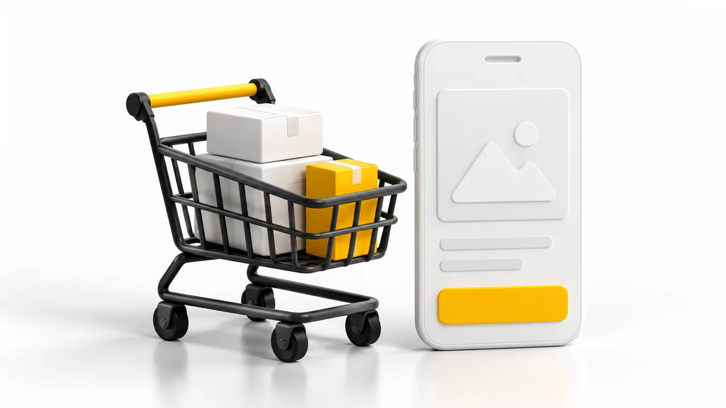 Online shopping illustration with a cart, parcels and mobile storefront