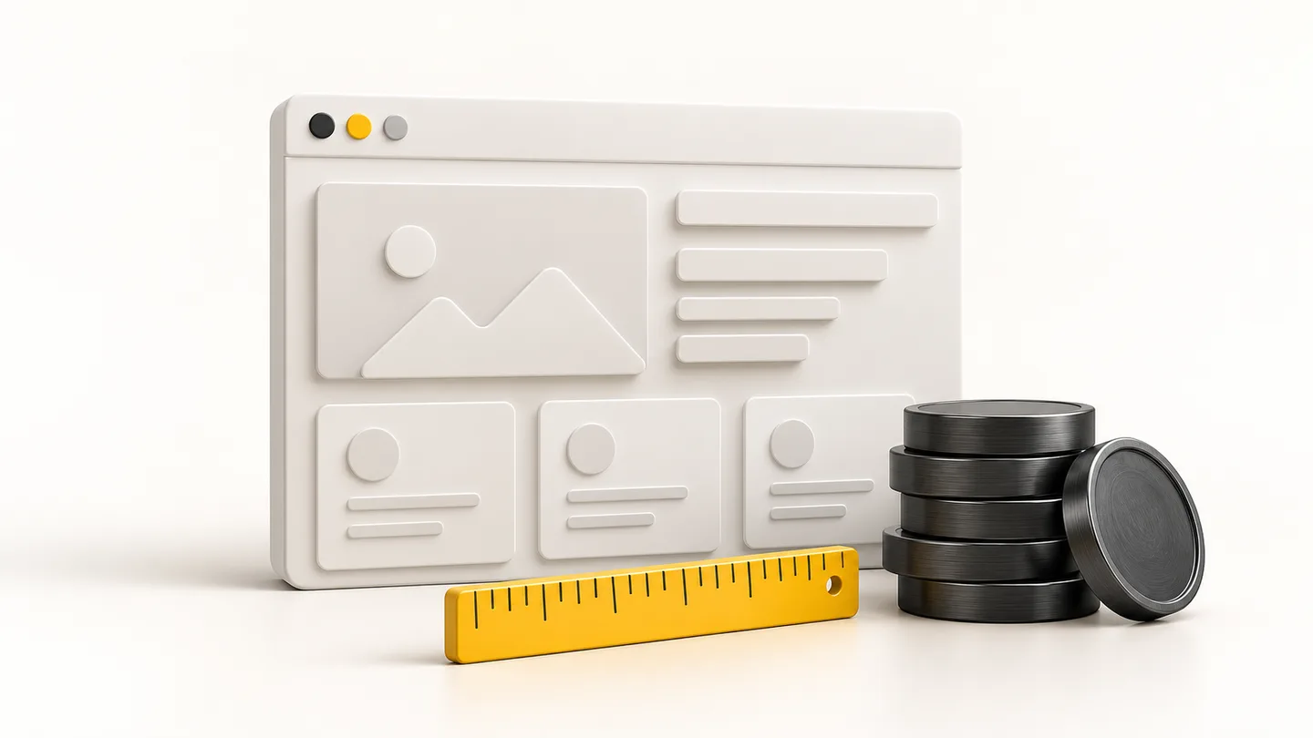 Website planning illustration with a browser, coins and ruler