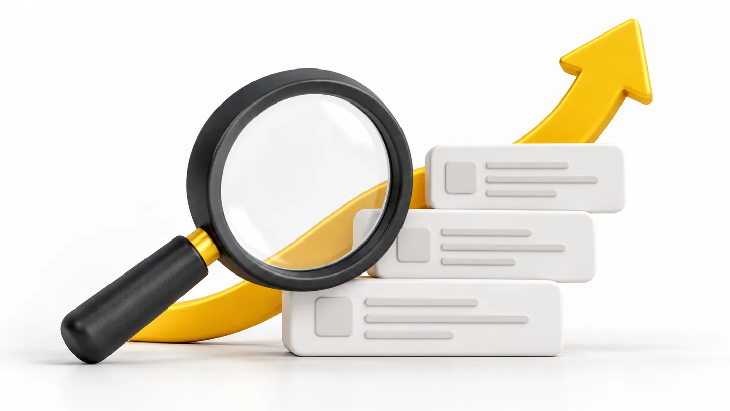 Search visibility illustration with a magnifying glass and rising arrow