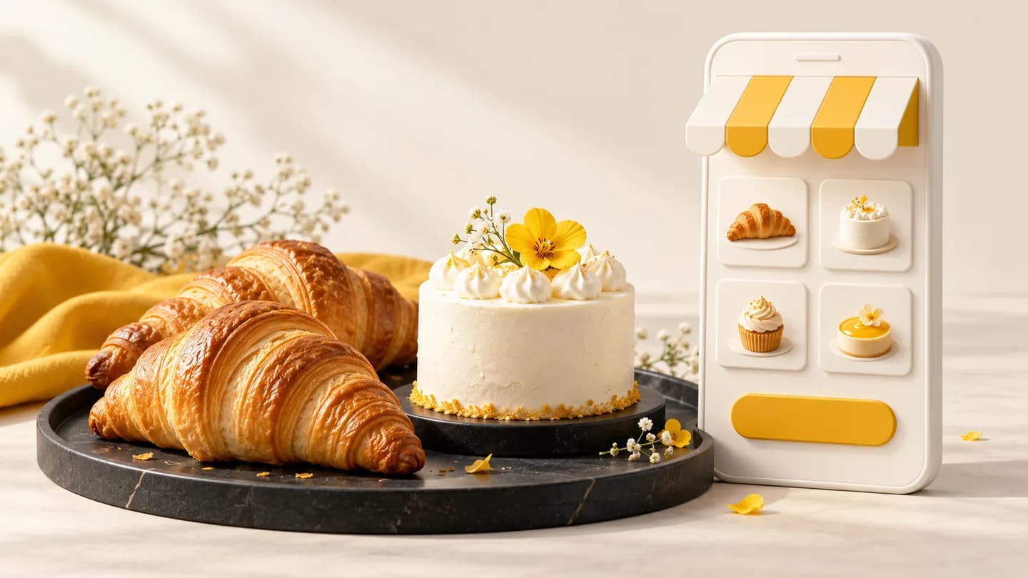 Concept illustration for ATCHAYAM Home Bakers with pastries and a mobile storefront