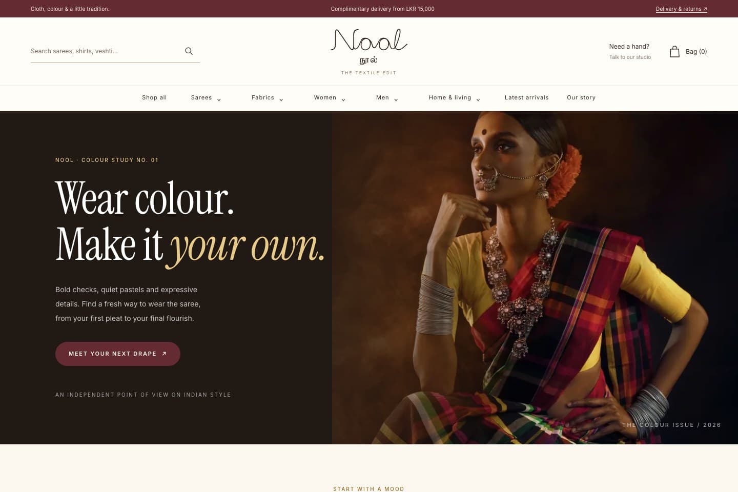 Nool Textile demo e-commerce storefront showing its saree collection and colour-led editorial design