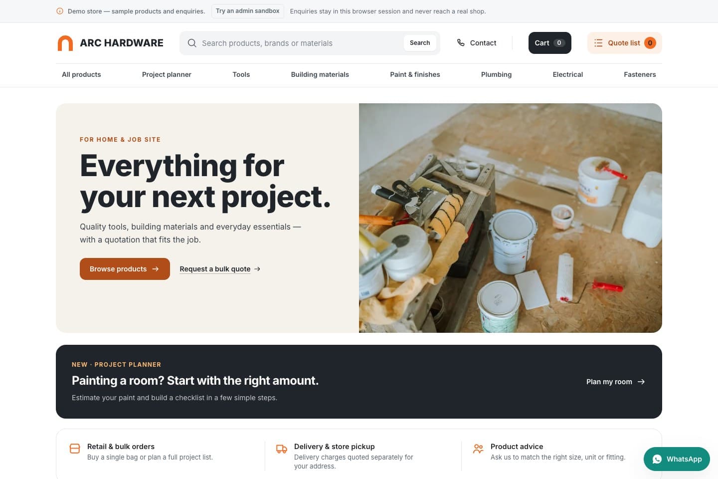 Arc Hardware demo homepage with tools and building materials, product search and a room-painting planner