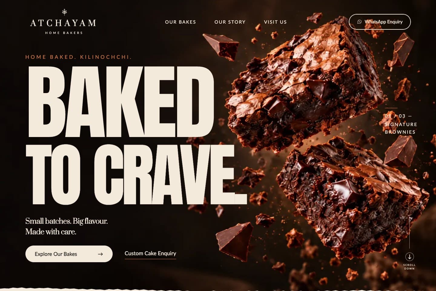 Starter business bakery demo homepage for Atchayam Home Bakers with the Baked to Crave hero and featured bakes